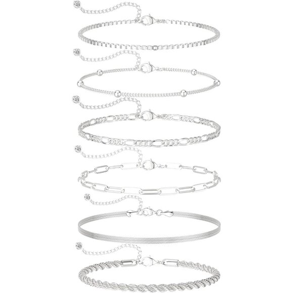 Dainty Silver Plated Bracelets Set for Women - Paperclip, Herringbone - Picture 9 of 9